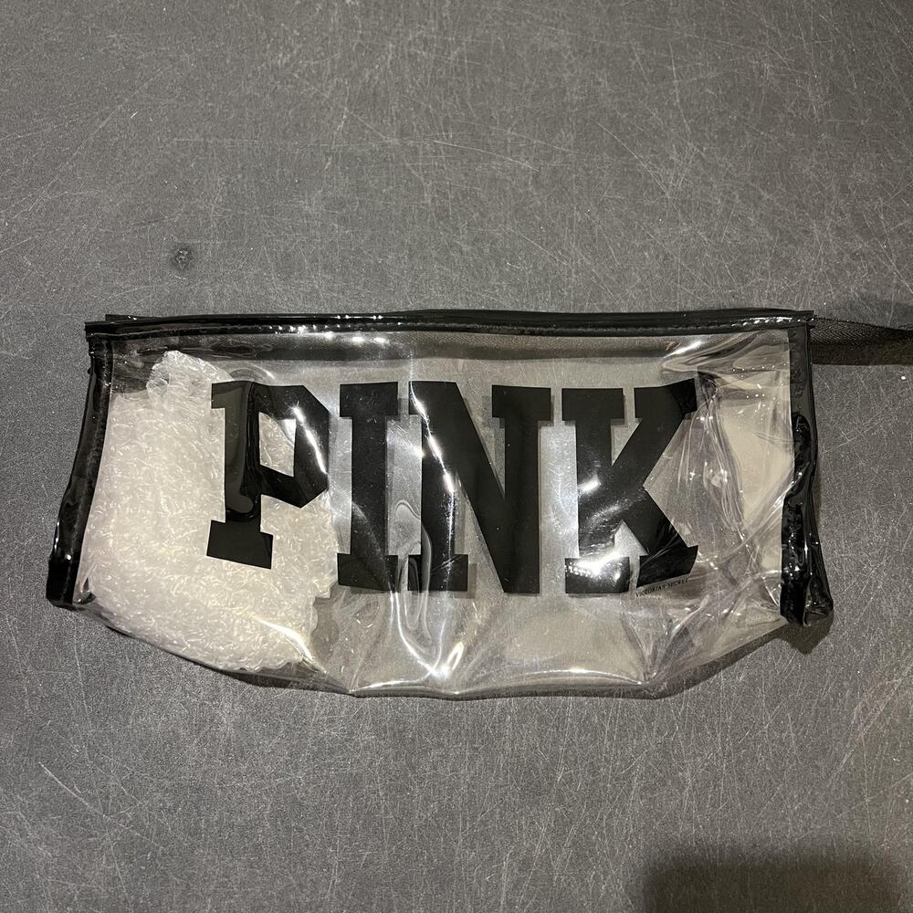 VS PINK Clear PVC Cosmetic Clutch Bag Womens Black Logo Zip